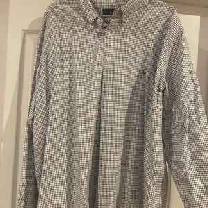 This is a Polo RL white with black and blue pattern oxford shirt, size 3X.